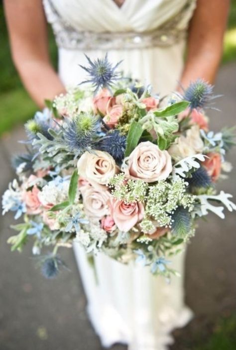 Thistle & Peach Rose Bridal Bouquet. Bouquet Bride, Blue Color Palette, Navy Style, Dusty Blue Weddings, Have Inspiration, Flowers Blue, Theme Color, Peach Wedding, Mod Wedding