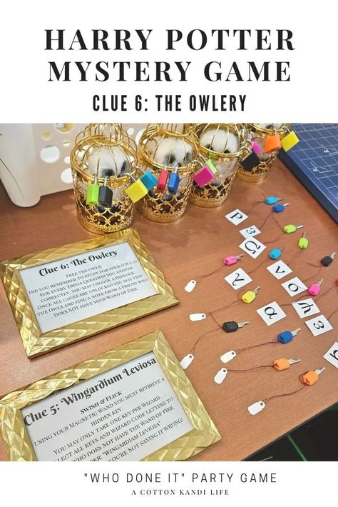 Free the Owls when you make it the Clue 6, The Owlery! For Cash’s 10th (9 3/4) Birthday, he challenged me to create an entire Escape Room themed around Harry Potter. After completing the previous Clue and collecting their keys, wizards had to face down some O.W.L.S level study questions to get a chance at the cages. For every correct answer the kids got to go try a key and unlock an owl. Party Game Ideas, Activities, Themes, Ideas, Harry Potter Prize Ideas, Harry Potter Prizes, Harry Potter Club Ideas, Harry Potter Mystery Game, Harry Potter Birthday Party Activities, Harry Potter Escape Room, Harry Potter Sleepover, Harry Potter Weekend, Harry Potter Activities