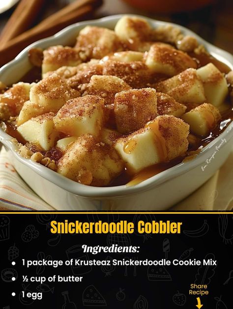 🍪 Snickerdoodle Cobbler 🍪 A luscious cobbler that combines the warm spices of snickerdoodles with the sweetness of apple pie, topped with a drizzle of caramel. Ingredients : 1 package Snickerdoodle Cookie Mix ½ cup butter 1 egg 1 can apple pie filling 3 tbsp caramel topping Instructions : Preheat your oven to 375°F. In a mixing bowl, combine the Snickerdoodle Cookie Mix, butter, and egg until well mixed. Grease an 8x8-inch baking pan with cooking spray, and distribute half of the cookie dough... Snickerdoodle Cobbler, Can Apple Pie Filling, Caramel Ingredients, Canned Apple Pie Filling, Snickerdoodle Cookie, Canned Apples, Apple Cobbler, Apple Pie Filling, Caramel Topping