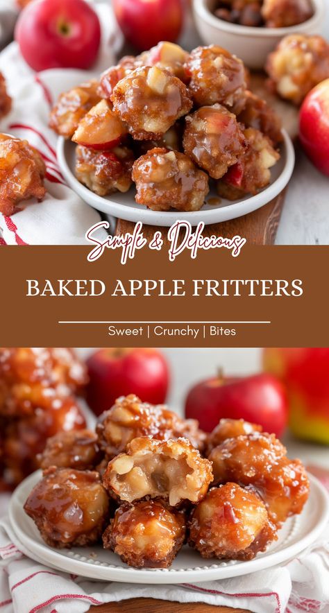 Collage image of baked apple fritters with text overlay Baked Fritters, Fall Dessert Recipes Apple, Easy Apple Fritters, Quick Fall Desserts, Easy Apple Fritters Recipe, No Bake Coconut Cookies, Fried Fritters, Quick Apple Dessert, Apple Breakfast Recipes