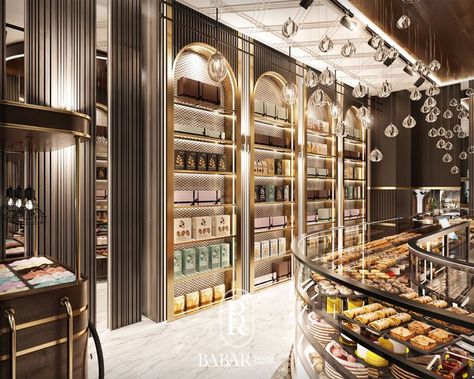 Confectionary Shop Design, Art Deco Bakery, Sweet Shop Interior, Modern Patisserie, Cafe Showroom, Luxury Bakery, Chocolate Store Design, Car Showroom Interior, Cake Shop Design