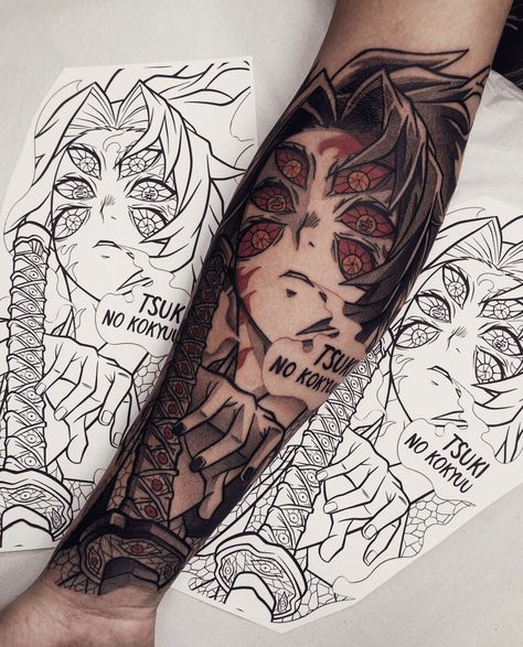 Upper Moon Tattoo Demon Slayer, Demon Slayer Arm Tattoo, Anime Tattoo Demon Slayer, Dark Anime Tattoo, Kimetsu No Yaiba Tattoo, Demon Slayer Tattoos, Demon Slayer Tattoo Ideas, Tattoos Cartoon, Demon Slayer Tattoo