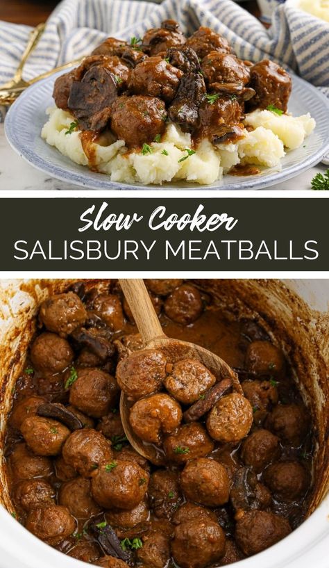 Have you ever had a dinner that tasted like a warm, flavorful hug? If not, let me introduce you to our Slow Cooker Salisbury Meatballs recipe. via @familyfresh Easy Crockpot Meals With Ground Beef Slow Cooker, Salbery Steak Recipe Easy Crockpot, Slow Cooker Stroganoff Meatballs, Crockpot Salsberry Meatballs, Swished Meatballs, Salisbury Meatballs Instant Pot, Salsbury Meatballs Recipe Crockpot, Meatball Stew Recipes Crockpot, Slow Cooker Salisbury Meatballs