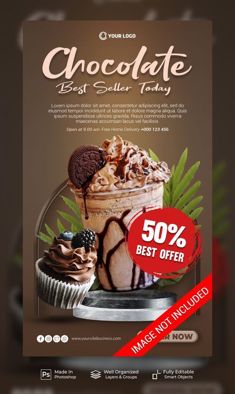 Chocolate and cake best seller today menu cafe for promotion social media instagram post stories banner template Cafe Social Media, Pizza Twists, Menu Cafe, Coffee Poster Design, Cake Story, Cafe Posters, Food Promotion, Restaurant Poster, Homemade Chocolate Cake