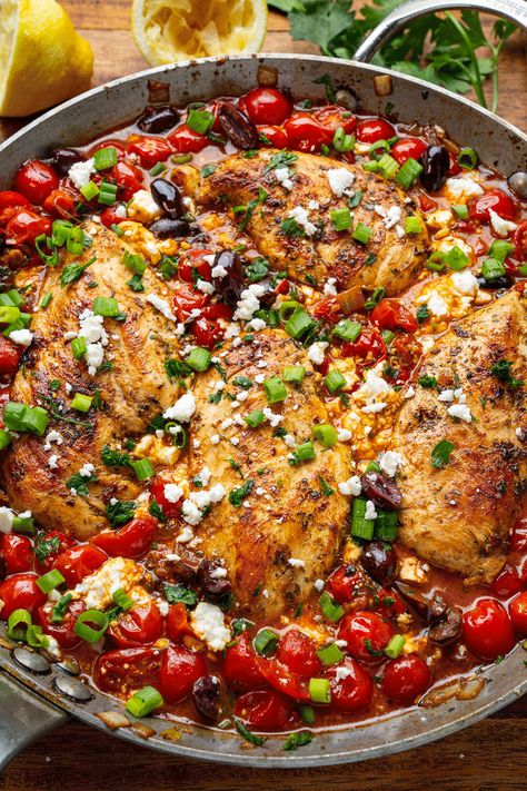 Greek Skillet Chicken Greek Skillet, Chicken With Tomatoes, Herbs Recipes, Greek Style Chicken, Closet Cooking, Chicken Skillet, Greek Seasoning, Cast Iron Recipes, Greek Chicken