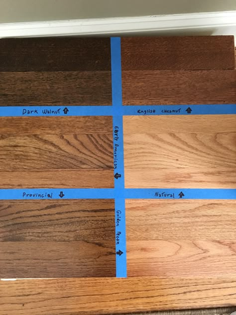 Floor stain samples. Minwax Dark walnut, English Chestnut, Natural, Golden Pecan, Provincial, Early American. Wood Stain Colors Minwax, Oak Floor Stains, Floor Stain Colors, Minwax Stain Colors, Wood Floor Stain Colors, Wood Floor Colors, Minwax Dark Walnut, Provincial Stain, Hardwood Floor Colors