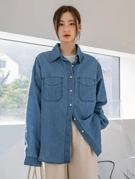 Dazy-Less Patched Pocket Denim Top | SHEIN Denim Shirt Outfit Women, Kemeja Denim, Jean Button Up Shirt, Denim Shirt Outfit, Denim Top Women, Long Shirt Women, Muslim Outfits Casual, Desi Fashion Casual, Womens Denim Shirt