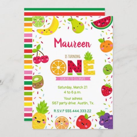 sweet one year invitation, fruit party for $2.85 - Birthday Invitations Fruit Invitation, Flamingo Pool Parties, Party Fruit, Fruit Birthday Party, Fruit Birthday, 85th Birthday, Party Names, Fruit Party, Birthday Background