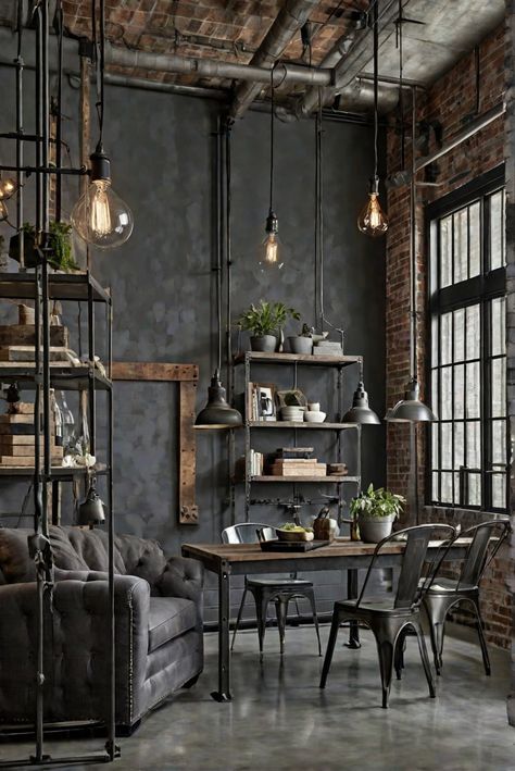 ​ #ad     #Colortrend #wallpaint2024  #color2024  #DIYpainting  ##DIYhomedecor  #Fixhome Post Modern Industrial Interior Design, Interior Design Gray Walls, Sherwin Williams Gauntlet Gray, Eclectic Industrial Decor, Loft Homes, Loft Aesthetic, Brick Room, Gauntlet Gray, Solid Wood Kitchen Cabinets