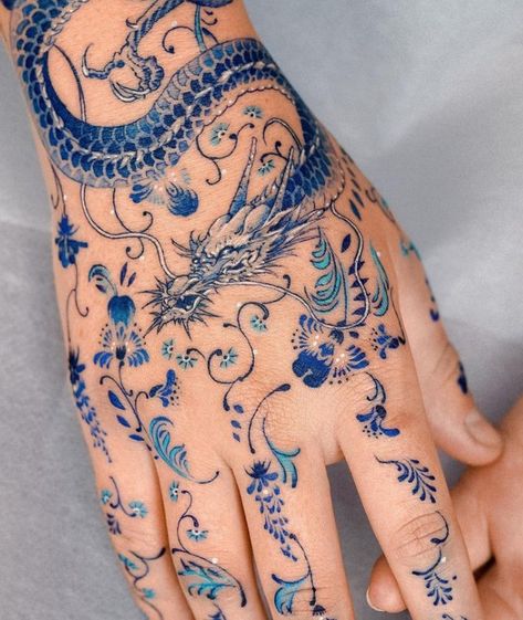 Porcelain Tattoo, Blue Dragon Tattoo, Flower Hip Tattoos, Blue Ink Tattoos, Dragon Tattoo Meaning, Red Dragon Tattoo, Dragon Tattoo Ideas, Dragon Sleeve Tattoos, Blue Tattoo