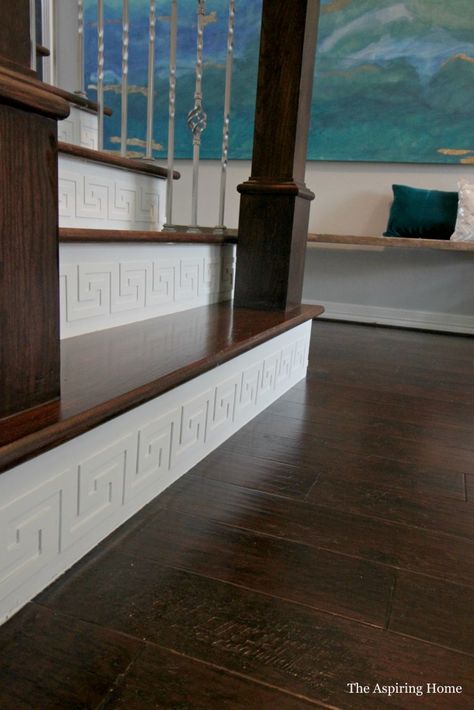 adding architectural details to stair risers using Overlays product Panel Wall Design, Stair Riser Ideas, Staircase Update, Greek Furniture, Home Decor Ideas Simple, Entryway Remodel, Stairway Railing, Entrance Light, Stair Riser Vinyl