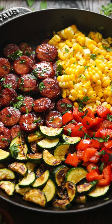 Sausage and Veggies Skillet with Bell Peppers, Zucchini, and Corn Sausage And Veggies Skillet, Sausage And Veggies, Health Dinner, Health Dinner Recipes, Summer Dinner, Sausage Recipes, Bell Peppers, High Protein Recipes, Healthy Meal Prep