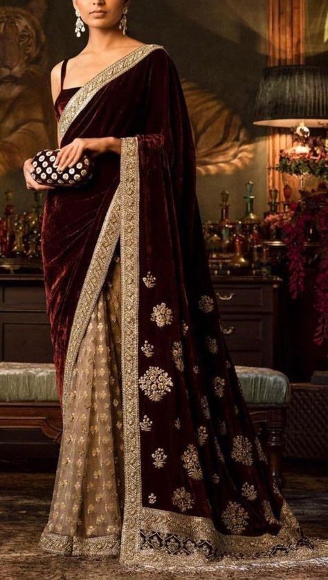 Maroon velvet designer saree Indian sari half and half wine | Etsy Velvet Saree, Sabyasachi Sarees, Saree Style, Mode Turban, Modern Saree, Sari Dress, Ghagra Choli, Half And Half, Saree Trends