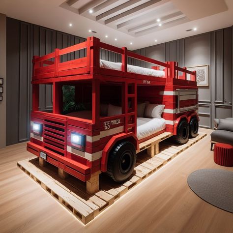 Firetruck-Inspired Bunk Bed: A Safe and Fun Sleeping Haven Pallet Bunk Beds, Childrens Bedroom Decor, Bunk Beds With Storage, Fun Furniture, Top Bunk, Traditional Bed, Children's Bedroom, Diy Furniture Projects, Shower Design