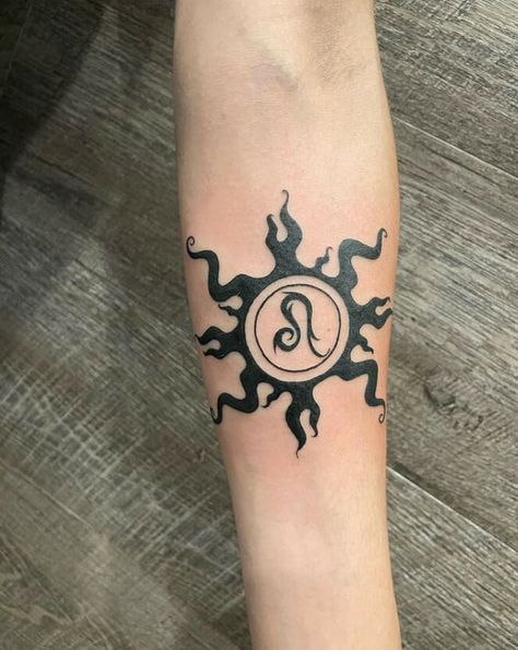 Black Ink Leo Tattoo Design Leo Sun Sign Tattoo, Leo Tattoo Men, Leo Sun Tattoo, Lion Symbol Tattoo, Leo Tattoo For Men, Mens Leo Tattoos, Leo Zodiac Tattoos For Guys, Leo Symbol Tattoo Zodiac, Leo Zodiac Tattoos