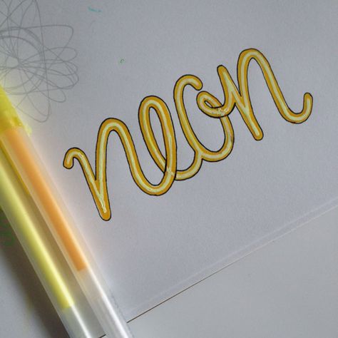 Not sure how convincing this is as a neon light, but I like the concept and hope to refine it further. I used my yellow glazed Gelly Roll as the base, neon yellow soufflé Gelly Roll for the highlig… Font Lettering, Light Font, My Yellow, Coloring Tips, Hand Lettering Tutorial, Lettering Tutorial, Neon Lights, Letter Writing, Lettering Fonts