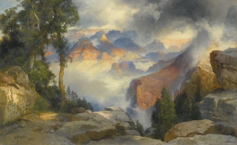 Thomas Moran 1837 - 1926 CLOUDS IN THE CANYON (GRAND CANYON) signed with the artist's monogrammed signature T. Moran and dated 1918 (lower left) with the artist's thumbprint (lower right) oil on canvas 12 1/4 by 19 3/8 inches Thomas Moran, Art Thomas, John Everett Millais, Hudson River School, Pierre Auguste, William Turner, Rene Magritte, Southwest Art, Oil Painting Reproductions