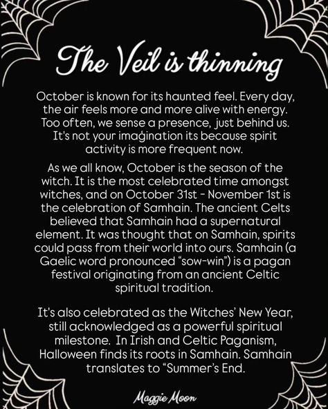 🕸Maggie Moon🕸 | 🖤🖤 #theveilisthinning #theveil #spiritworld #divination #samhain #samhaincelebration #theseasonofthewitch #seasonofthewitch #halloween... | Instagram Samhain Quotes, Samhain Tarot, Samhain Traditions, Blessed Samhain, Samhain Ritual, Halloween Instagram, Gaelic Words, October Wallpaper, Which Witch