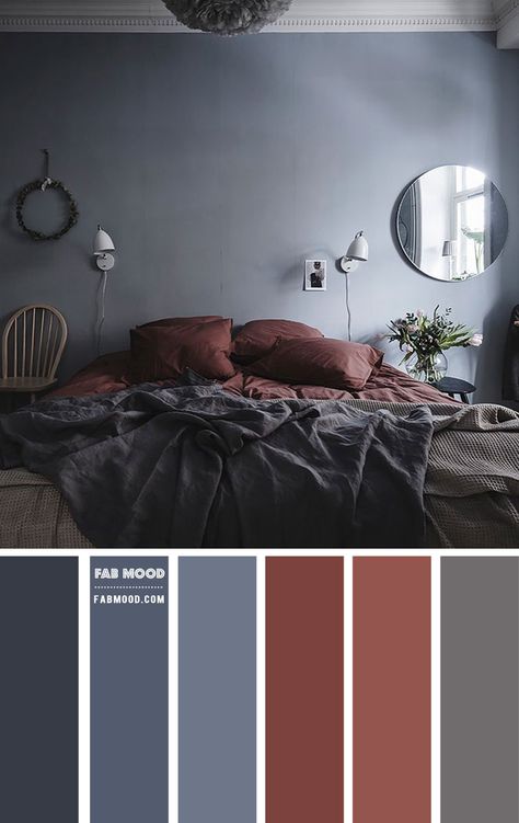 Blue Grey and Brown Red Bedroom Colour Scheme Red Bedroom Colors, Blue Bedroom Colors, Blue Gray Bedroom, Simple Bed Designs, Bedroom Colour, Wedding Color Palettes, Red Bedroom, Themes Wedding, Bedroom Colour Palette