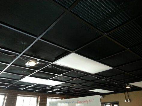 Remove ceiling tiles, leave lights, paint ceiling black (sm2 cafe)  Well not black and not those lights   @lance cullison Black Drop Ceiling Tiles, Office Ceiling Tiles, Black Drop Ceiling, Cafe Ceiling, Black Ceiling Tiles, Restaurant Design Rustic, Suspended Ceiling Tiles, Ceiling Tiles Basement, Drop Ceiling Tiles