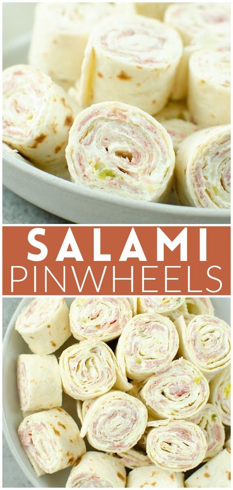 Salami Pinwheels are perfect for a quick lunch or snack! Cream cheese, salami, and pickles wrapped in flour tortillas and sliced into bite-size pieces. Salami Pinwheels, Pickle Appetizers, Cream Cheese Pinwheels, Ham And Cheese Pinwheels, Cream Cheese Roll Up, Pickle Dip, Cheese Pinwheels, Pinwheel Appetizers, Cream Cheese Rolls