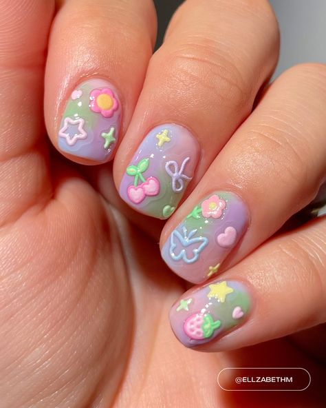 Kawaii Nail Inspiration, Nail Designs For Kids Cute, Small World Nails, Nail Inspo For Kids, Squishmallow Nails, Kids Nail Ideas, Nail Designs Kids, Marshmallow Nails, Nail Designs For Kids