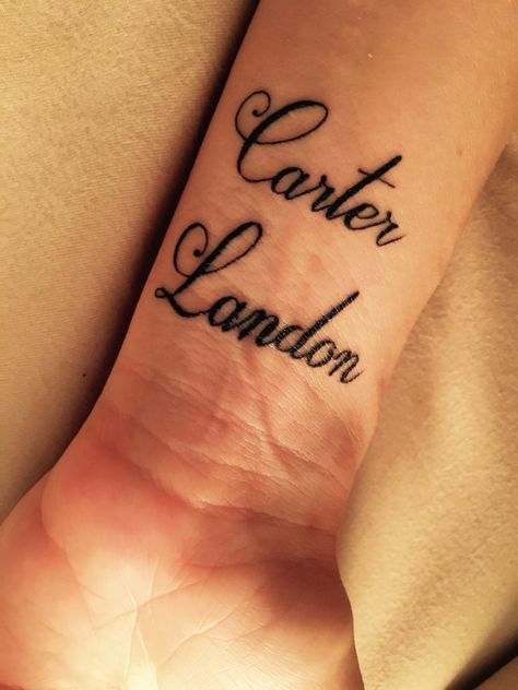 Name Wrist Tattoo, Carter Name, Tattoo With Kids Names, Tattoos With Kids Names, Wrist Tattoo, Kids Names, Wrist Tattoos, Kid Names, Tattoo Quotes