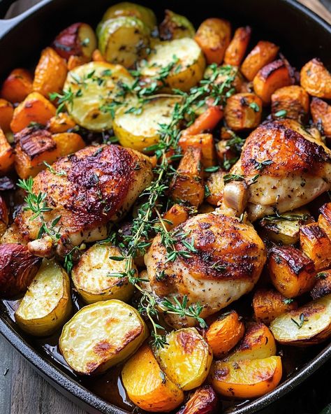 Autumn Chicken Dinner with Roasted Vegetables - Delicious Recipes - Easy Cooking Ideas and Tasty Dishes Baked Chicken And Sausage Recipes, Autumn Chicken Dinner With Roasted Vegetables, Chicken And Root Vegetables Stew, Winter Time Dinner Ideas, Fall Roast Chicken, Roasted Chicken And Butternut Squash, One Pan Autumn Chicken Dinner, Chicken Dutch Oven Recipes Healthy, Chicken Vegetable Bake Recipes