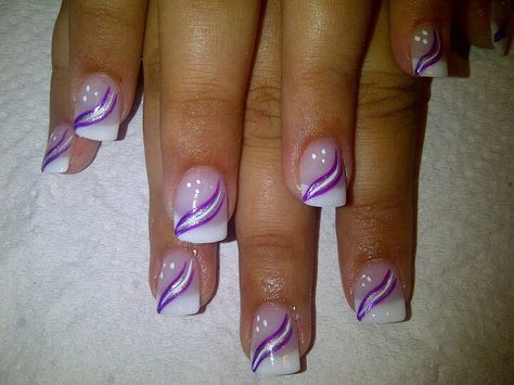 Purple and white stripes - SA Nail Academy Purple And White Nail Art, Acrylic Nail Designs Purple French Tip, Spring French Tip Nail Designs, French Nails With Purple, Purple Nail Art Designs French Tips, Purple And White French Tip Nails, French Tip Acrylic Nails Purple, Purple Nails Designs Glitter, Red And Pink Nail Designs