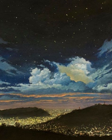 Night Clouds, Grass Painting, Night Sky Painting, Nostalgic Art, Night Landscape, Acrylic On Wood, Sky Painting, Cloud Painting, Night Painting