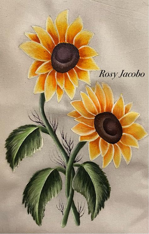 Small Flower Design For Fabric Painting, Fabric Paint Designs Creative, Sun Flower Fabric Painting, Daisy Flower Fabric Painting, Painted Jeans Sunflowers, Ready Rangoli, Blouse Painting, Painting Motifs, Butterfly On Sunflower Painting