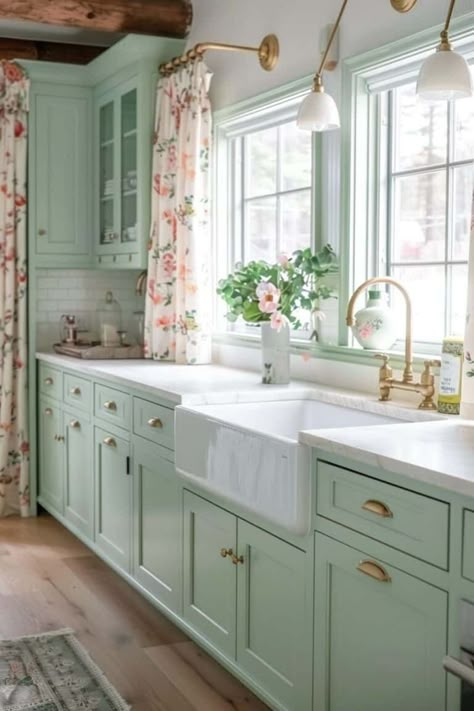 seafoam green and floral kitchen design Retro Mint Kitchen, Greek Kitchen Design Traditional, Floral Cabinets Kitchen, Seafoam Green Decor, Pastel Green Kitchen Cabinets, Floral House Interior, Mint Cabinets Kitchen, Pink And Sage Green Kitchen, Mint Green Home Decor