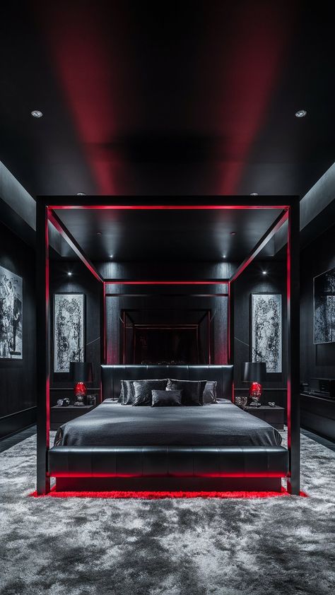 Enjoy stylish serenity in this light gray bedroom accented by striking red LED lights. The soothing color palette and vibrant lighting create a chic, relaxing environment that’s perfect for unwinding. ✨❤️ #StylishSerenity #ChicDecor Red Room Ideas 50 Shades Of Grey, Grey Bedroom Ideas Decor, Red And Black Room Ideas, Light Gray Room, Red Room 50 Shades Diy, Black And Red Room, Red And Black Room, Black And Red Bedroom, Red Room Ideas