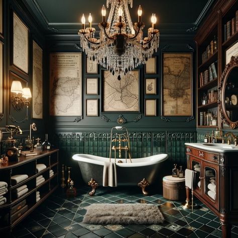 Southern Gothic Bathroom, Victorian Gothic Bathroom, Exotic Bathrooms, Victorian Bathroom Vintage, Clawfoot Bathroom, Moody Mansion, Victorian Gothic House, Gothic Style Home, Dark Academia Home