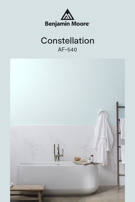 Constellation AF-540, a feathery light blue that breathes charm into any room. Constellation Benjamin Moore, Benjamin Moore Constellation, Blue Interior Paint, Interior Paint Color, Light Blue Interior, Wall Colours, Light Blue Paints, Blue Paint Colors, Blue Palette