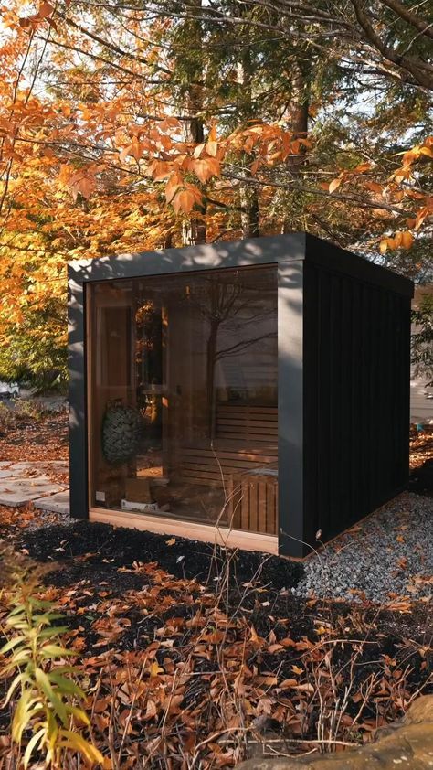 Top-tier luxury cedar saunas, offering a world of health benefits right at your doorstep. Contact us and get a quote in under 48 hours! Start investing in your wellness today. Black Outdoor Sauna, Garden Sauna Ideas Uk, Rustic Saunas Backyard, Exterior Sauna, Sauna Aesthetic, Black Sauna, Rustic Saunas, Sauna Door, Cabin Addition