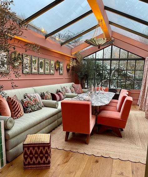 Lucy Sear-Barlow on Instagram: "This gorgeous space is a brand new conservatory that we designed, @perlawindows supplied the critall and glass + @bowman__sam and team built. Tacked onto the side of this really unique watermill it forms part of the lower ground floor entertaining space and sits right over a stream that runs right through the middle of their house! A space for high days and holidays and how magical is it looking in the snow ❄️ #barlowandbarlow" Tiny Conservatory, Conservatory Ideas Interior Decor, Conservatory Ideas Interior, Large Family Kitchen, Swanky Restaurant, Conservatory Living Room, Contemporary Living Room Chairs, Conservatory Interior, Conservatory Decor