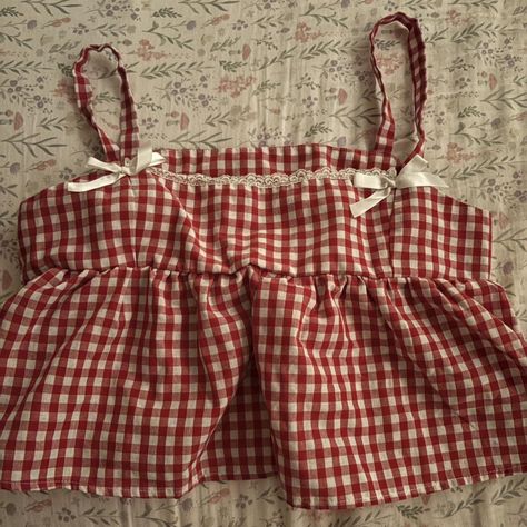 Cute red and white gingham top with lace detail... - Depop Gingham Tops For Women, Red Gingham Top, Red Gingham Shirt, Red And White Gingham, Gingham Top, Gingham Tops, Gingham Shirt, Red Gingham, Sewing Ideas