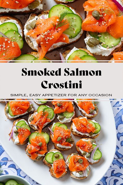 This Smoked Salmon Crostini is one of the easiest but most delicious and beautiful appetizers you can make! It's just like your favorite lox bagel but in a crostini form! The recipe comes together in about 20 minutes and it's so easy to make! It's a great finger food, sure to impress at any party or gathering, and perfect for any smoked salmon fan! Smoked Salmon Bagel Bites, Salmon Snack Ideas, Finger Brunch Food, Salmon Recipes Appetizer, Smoked Salmon Snack Ideas, Salmon Appetizers Easy, Salmon Crostini Appetizers, Lox Crostini, Fancy Appetizers For Party Hors D'oeuvres