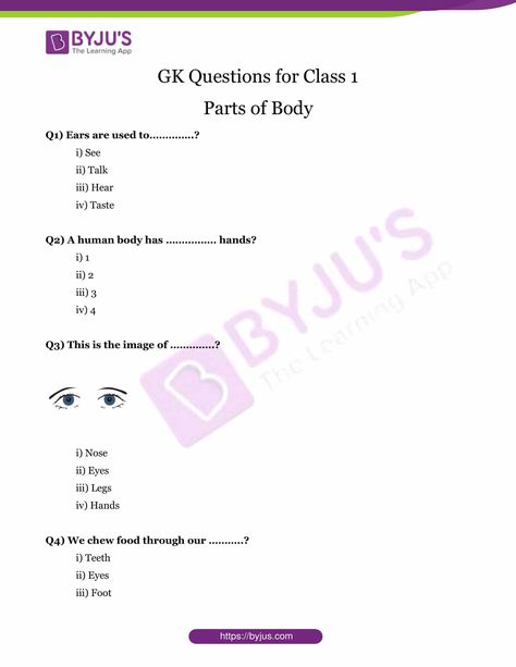 GK Questions for Class 1- Body Parts Gk For Grade 1, Class 1 Gk Worksheet, Gk Questions For Class 1, Gk Questions And Answers For Kids, Gk Worksheets For Grade 1, Kids Quiz Questions, General Knowledge For Kids, Body Parts For Kids, Gk Questions And Answers