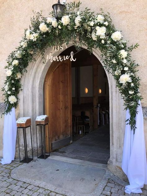 Alter Flowers For Church, Altar Wedding Decorations Church, Wedding Church Entrance Decor, Church Door Wedding Decorations, Chapel Decorations Wedding, Church Wedding Decorations Aisle Altars, Church Entrance Wedding Decorations, Church Wedding Decorations Aisle Entrance, Wedding Chapel Decor