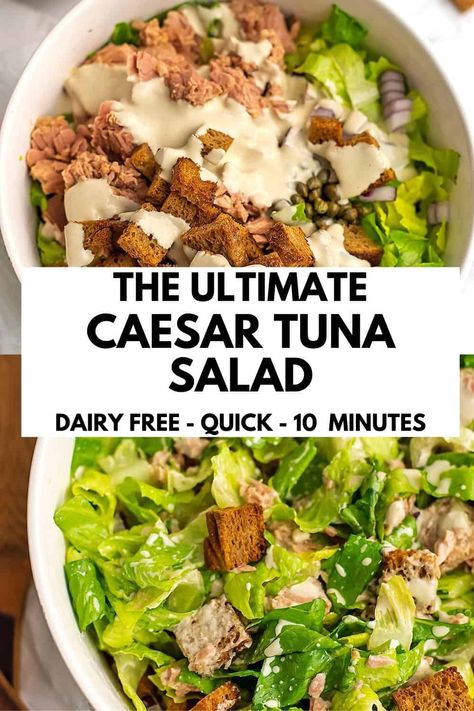 Tuna Caesar Salad is such a flavorful, satisfying meal and packed with protein. This healthy caesar tuna salad for two is great for lunch or dinner and can even be prepped in advance. This healthy salad recipe is can be made with gluten free croutons and homemade dressing in 10 minutes. This recipe is budget friendly and made with simple ingredients. Tuna And Lettuce Salad, Tuna Salad Recipe Healthy Clean Eating, Gluten Free Croutons, Tuna Salad Recipe Healthy, Salad Recipes Gluten Free, Mediterranean Recipes Healthy, Lettuce Salad Recipes, Nourishing Food, Classic Caesar Salad