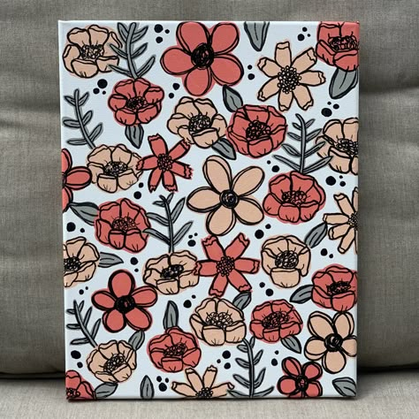 Hand painted canvas with pink and coral colored flowers Painted Flowers With Black Outline, Flower Painting With Black Outline, Outline Flower Painting, Outlined Flower Painting, 2 Canvas Painting Ideas Easy, Acrylic Paint Pen Flowers, Paint Pen Flowers, Outline Painting Canvas, Acrylic Paint Pen Art