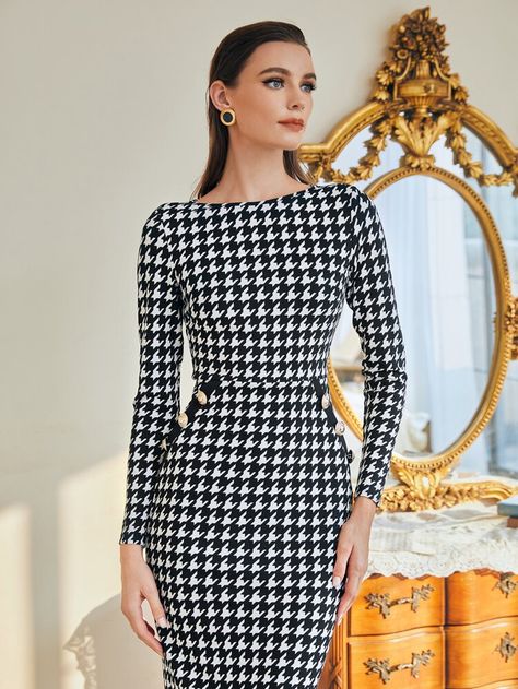 SHEIN Houndstooth Print Button Detail Split Back Bodycon Dress | SHEIN USA Houndstooth Outfit, Bodycon Dress Long Sleeve, Bodycon Dress Long, Women Bodycon Dress, Houndstooth Dress, Work Wear Women, Bodycon Midi, Long Sleeve Bodycon Dress, Back Dress