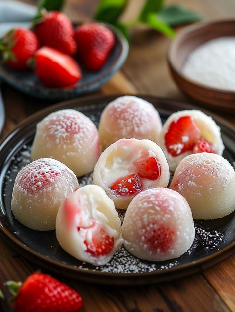 Strawberry Cheesecake Mochi Bites! 🍓  𝗜𝗻𝗴𝗿𝗲𝗱𝗶𝗲𝗻𝘁𝘀: 📋 • 1 cup mochiko (sweet rice flour) • 1/4 cup sugar • 1 cup water • 1/2 cup strawberries, finely chopped • 1/2 cup cream cheese, softened • 1/4 cup powdered sugar • Cornstarch for dusting 𝗗𝗶𝗿𝗲𝗰𝘁𝗶𝗼𝗻𝘀: 📋 1. Prepare Mochi Dough: In a microwave-safe bowl, mix mochiko and sugar. Gradually add water, stirring until smooth. Microwave for 2 minutes. Stir, then microwave for another minute until the dough becomes thick and sticky Sweet Rice Flour, Strawberry Mochi, Mochi Recipe, Japanese Desserts, Japanese Cheesecake, Sweet Rice, Scrumptious Food, Creative Birthday Cakes, Japanese Dessert