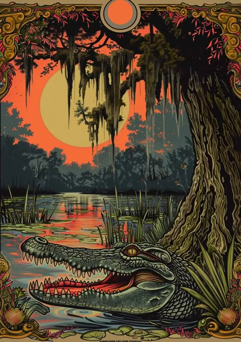 ✨💡Get Amazing Midjourney Prompts - Click on Link in my Bio🌐🔗 Louisiana Bayou Aesthetic, Florida Swamp Aesthetic, Mangrove Painting, Swamp Photos, Swamp Mural, Swamp Decorations, Gator Painting, Alligator Aesthetic, Gator Wallpaper