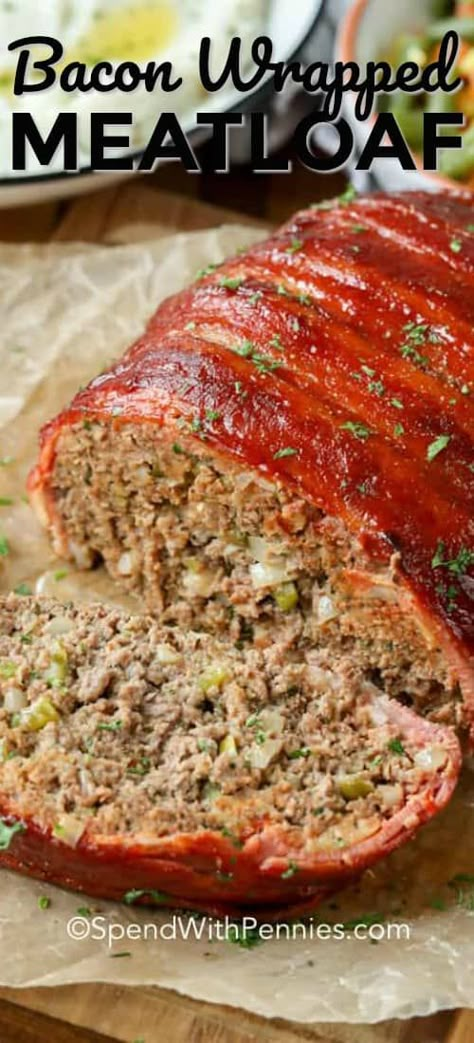 Smoked bacon wrapped meatloaf is full of flavor and deliciously moist! A classic meatloaf is wrapped in bacon and brushed with a tangy ketchup & chili sauce glaze to create this tasty dish. #spendwithpennies #baconwrappedmeatloaf #meatloafrecipe #maindish #comfortfood Easy Bacon Wrapped Meatloaf, Traditional Meatloaf Recipes, Bacon Meatloaf, Bacon Wrapped Meatloaf, Traditional Meatloaf, Resepi Biskut, Homemade Comfort Food, Good Meatloaf Recipe, Classic Meatloaf