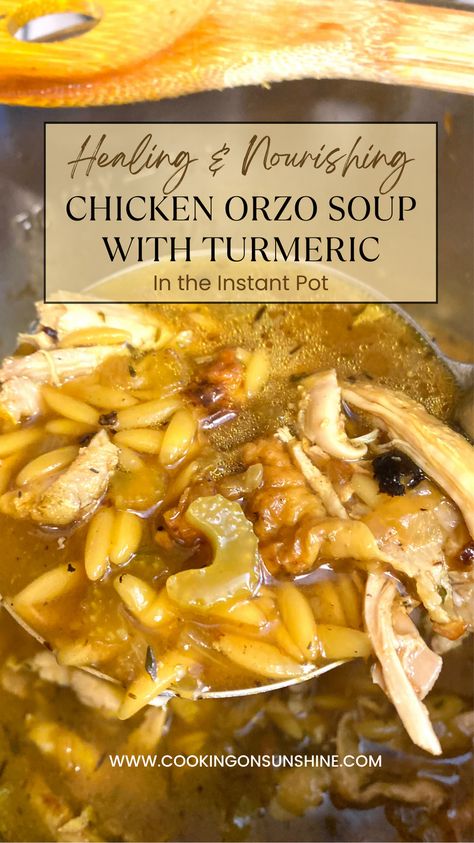 This delicious and rich chicken orzo soup with turmeric is so warming and incredibly healing. It has a little more oomph than the classic chicken noodle soup, with its anti-inflammatory properties and fresh herbs. It is my go-to soup when I am feeling a little under the weather or just want something cozy on a cold day. This chicken orzo soup is made in the Instant Pot, making it incredibly quick and easy to put together. Anti Inflammation Instant Pot Recipes, Instant Pot Soups, Antiinflammatory Soup, Chicken Soup For Colds, Immunity Soup, Gut Healing Soup, Instapot Soup Recipes, Turmeric Soup, Healing Soup