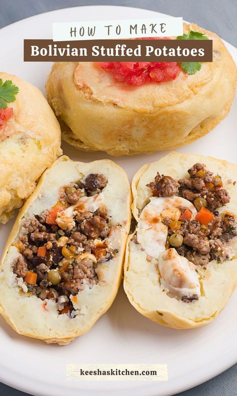 Papas Rellenas Recipe, Ground Beef Carrots, Bolivian Recipes, Bolivian Cuisine, Healthy Latin Recipes, Stuffed Recipes, Bolivian Food, Papa Recipe, Stuffed Potatoes