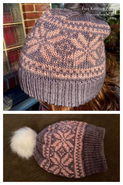 Snowflake Knitting Pattern, Fair Isle Knitting Patterns Free Hats, Super Bulky Yarn Patterns Knit, Fair Isle Hat Pattern Free, Knitting Stars Pattern, Knit Winter Hat Pattern, Knitted Beanie Pattern Free, Nordic Hat Pattern, Fairisle Knitted Hat Patterns Free